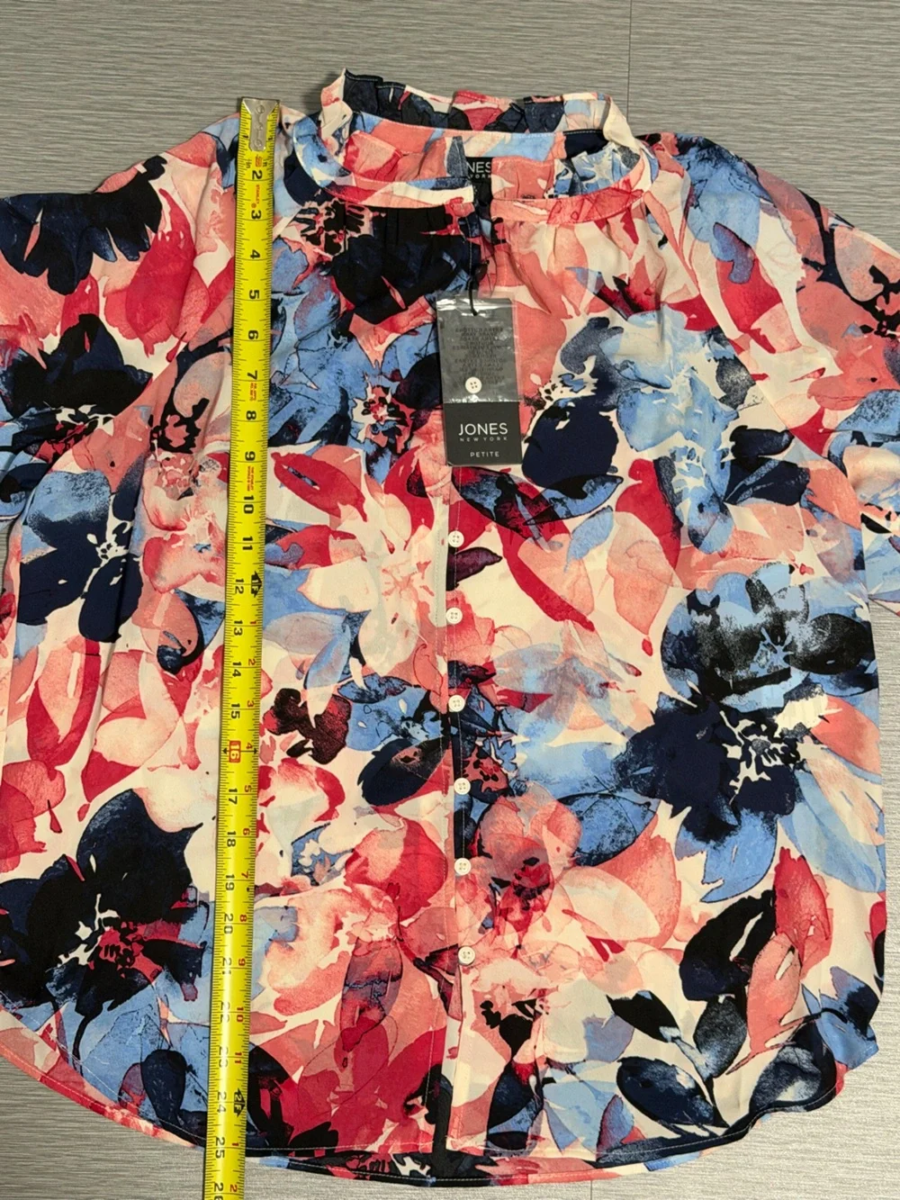 Jones New York Petite PM Floral Button Front Blouse Fresh Guava Multi NWT